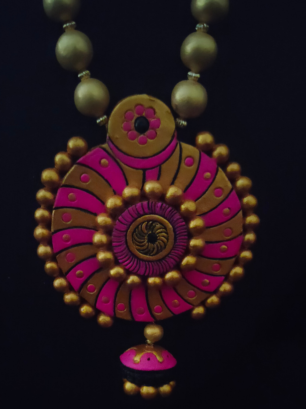 Handcrafted Pink & Golden Terracotta Necklace Set