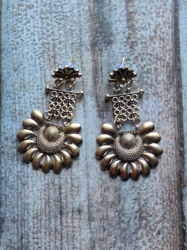 Oxidised Silver Long Mesh Flower Shaped Earrings