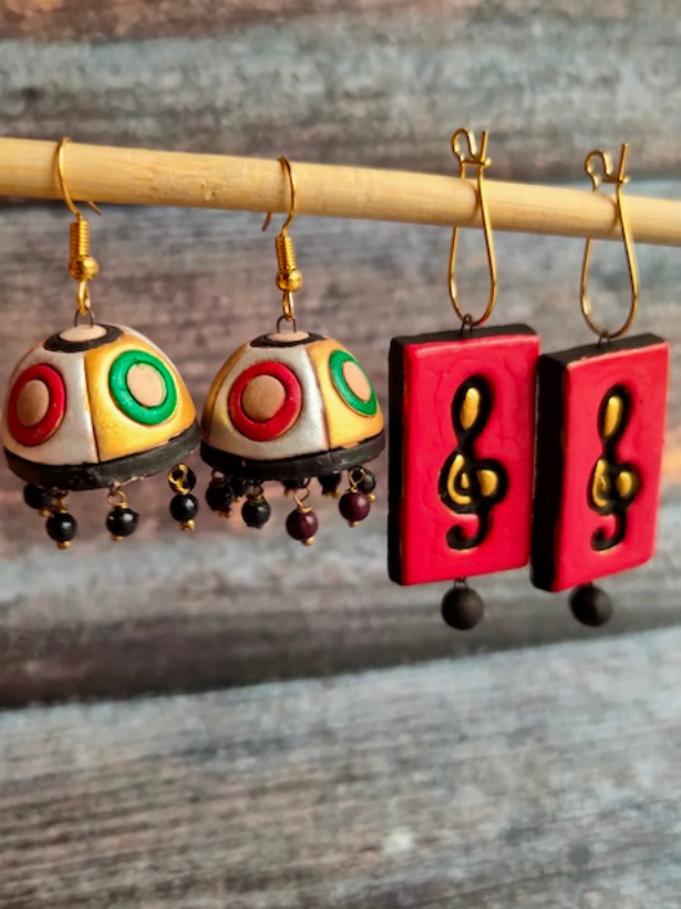 Set of 2 Jhumka and Dangler Terracotta Clay Earrings