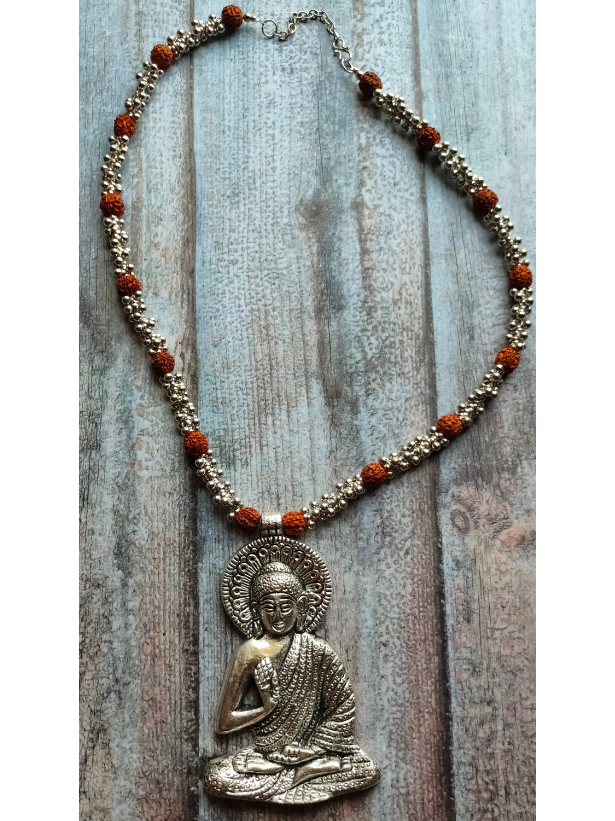 Buddha Silver Rudraksha Beads and Metal Beads Necklace