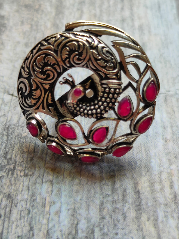 Set of 3 - Peacock Earrings and Ring with Red Stones