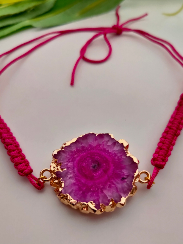 Natural Fuchsia Agate Stone Marble Rakhi with Gold Detailing