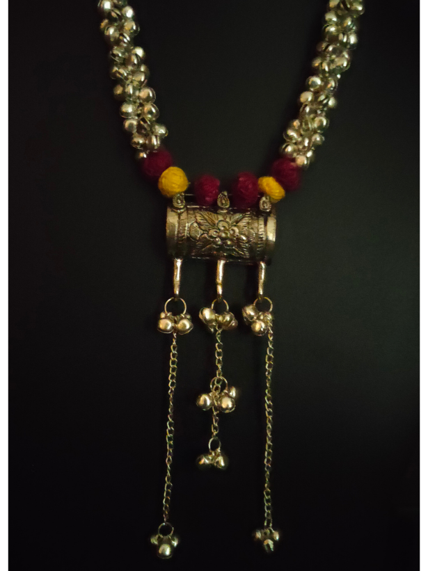 Fabric Beads and Metal Necklace Set with Dangler Earrings