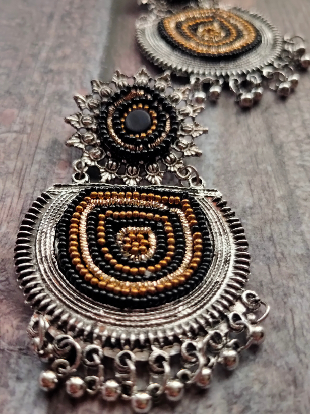 Oxidised Silver Metal Earrings with Black and Golden Beads