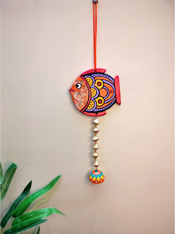 Handmade and Hand-Painted Orange Fish Terracotta Wall Hanging