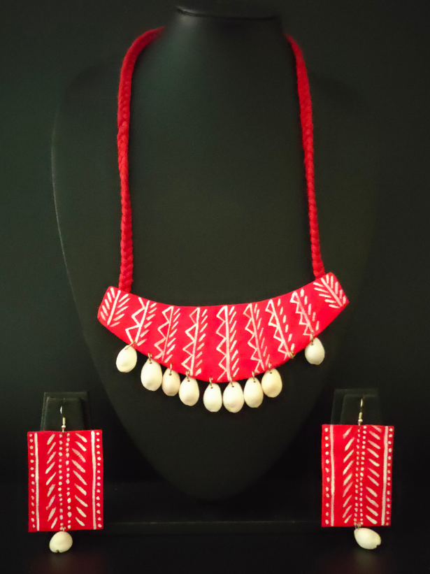 Red Hand Painted Fabric Necklace Set with Shells