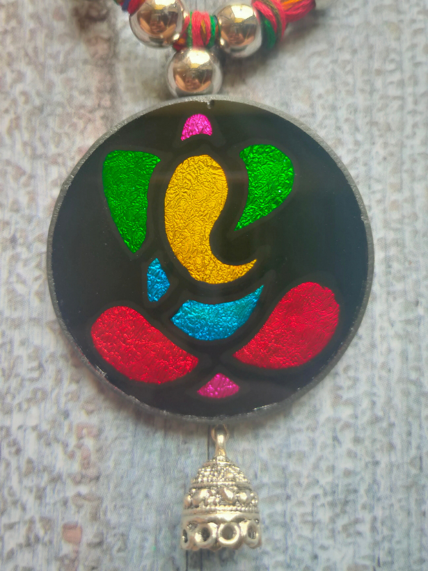 Hand Painted Ganesha on Glass Necklace Set with Thread Closure