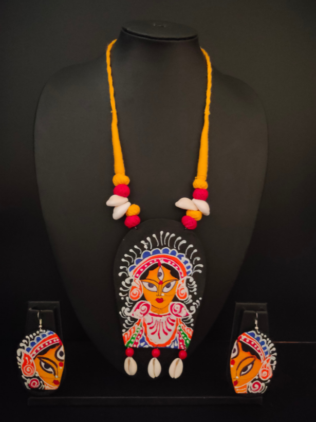 Hand Painted Durga Fabric Necklace Set with Shells