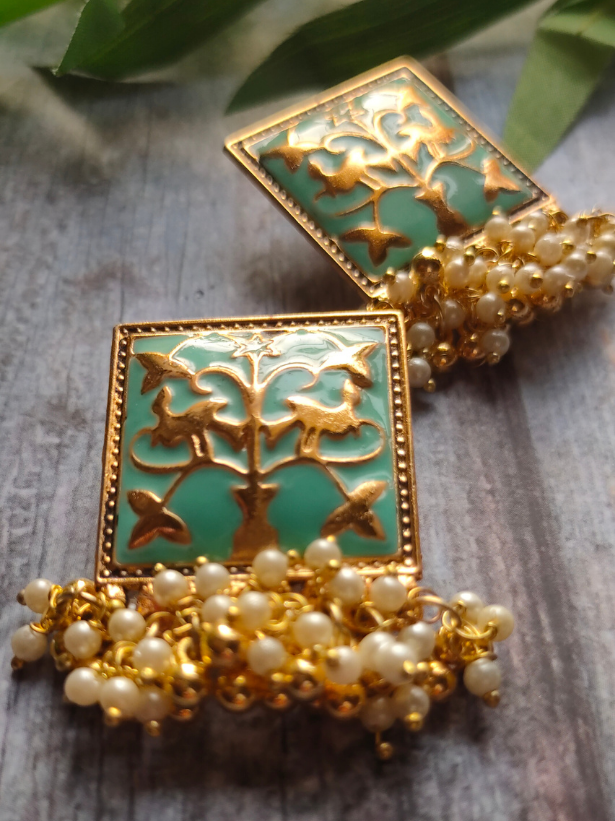 White Beads Sea Green Enamel Paint Earrings