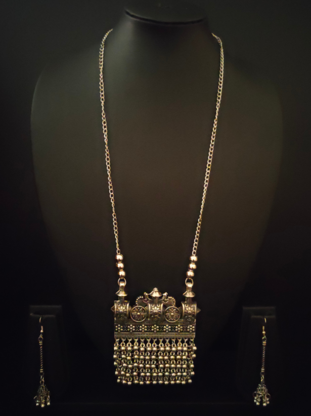 Long Chain Oxidised Silver Necklace Set with Dangler Earrings