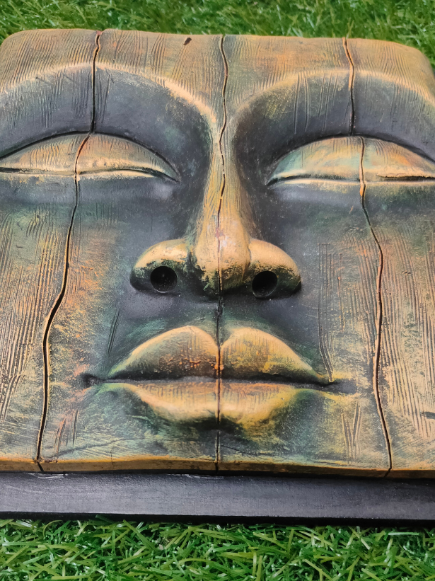 Handcrafted Terracotta Clay Buddha Face on a Wooden Frame