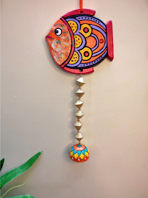 Handmade and Hand-Painted Orange Fish Terracotta Wall Hanging
