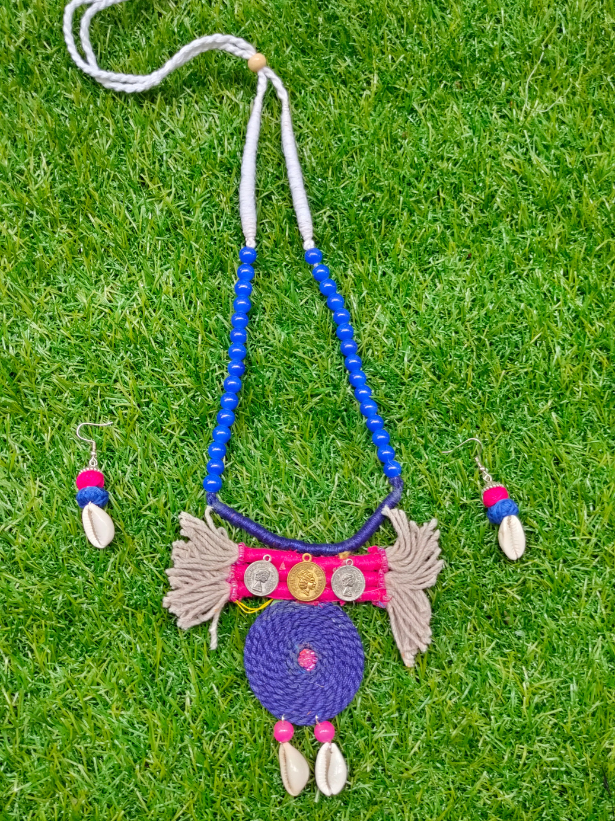 Jute and Fabric Necklace Set with Shells and Glass Beads