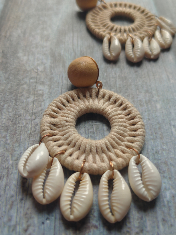 Woven White Rope and Shell Earrings