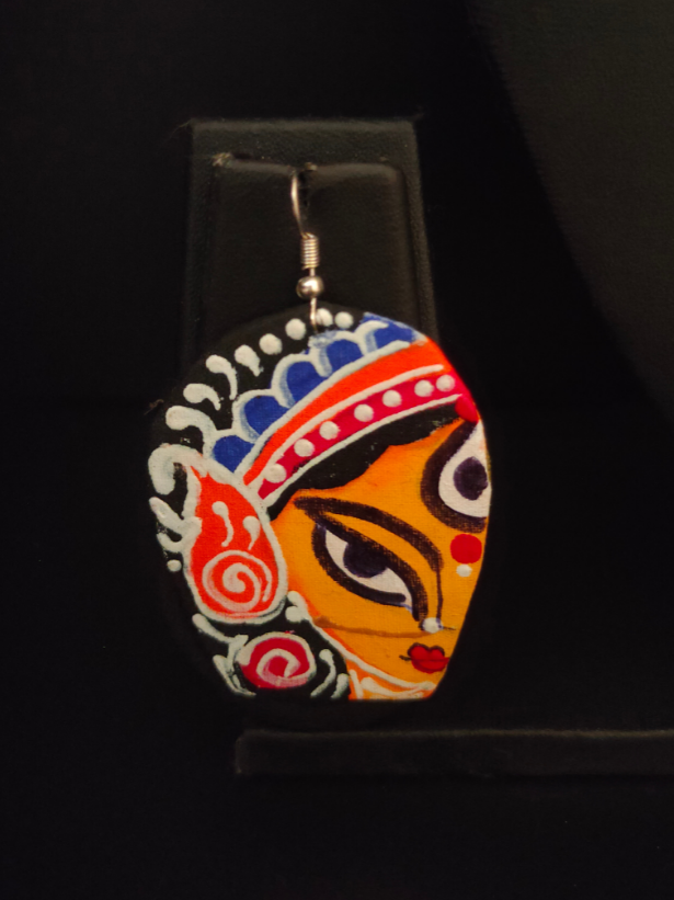 Hand Painted Durga Fabric Necklace Set with Shells