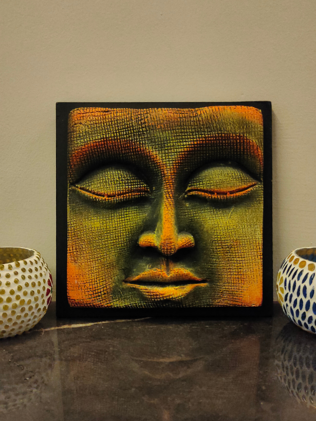 Handcrafted Terracotta Clay Buddha Face on a Wooden Frame Wall Decor