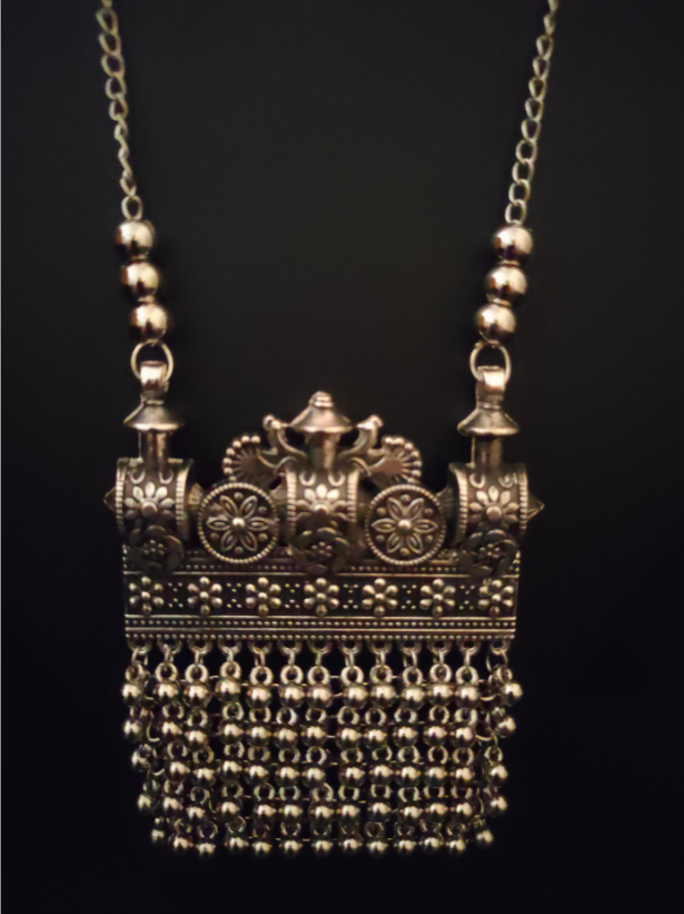 Long Chain Oxidised Silver Necklace Set with Dangler Earrings