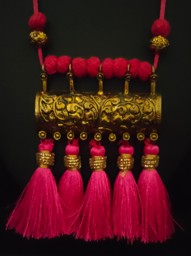 Pink Thread Closure Fabric Beads Antique Gold Finish Necklace Set with Peacock Detailing