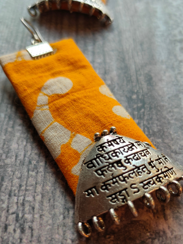 Mantra Printed Metal and Fabric Long Dangler Earrings