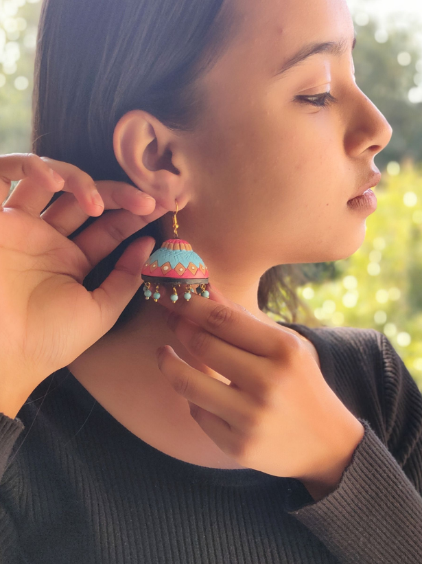 Blue and Red Traditional Terracotta Jhumka Earrings