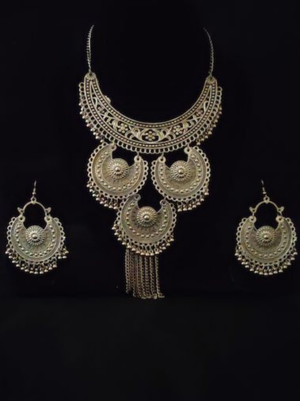 Oxidised Silver Long Chain Choker Style Necklace Set
