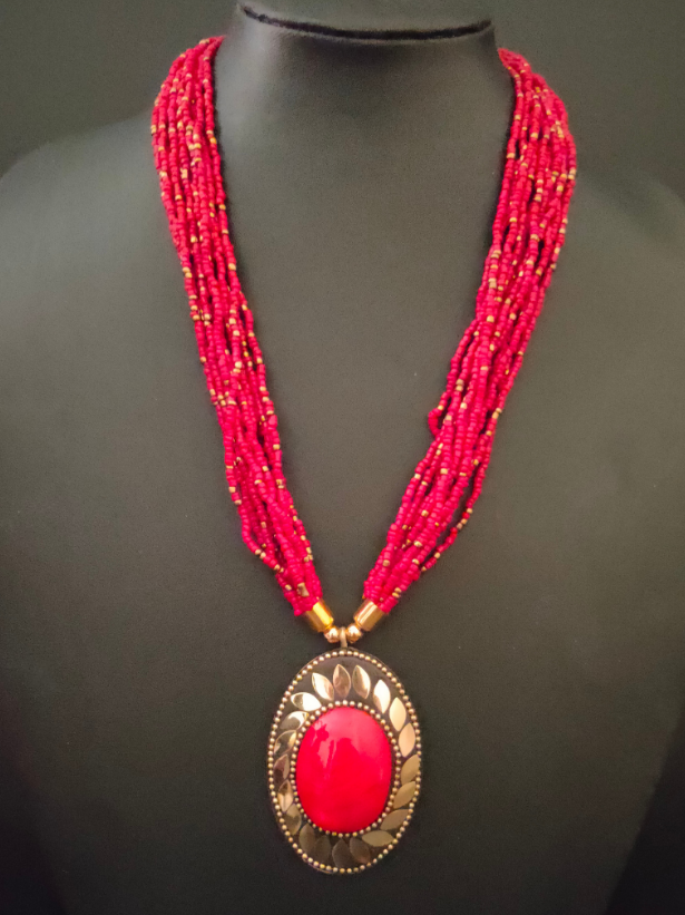 Multi Layer Beaded Necklace with Statement Tibetan Pendant