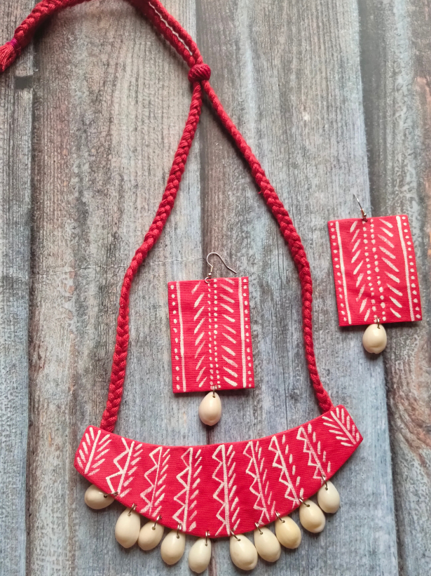 Red Hand Painted Fabric Necklace Set with Shells
