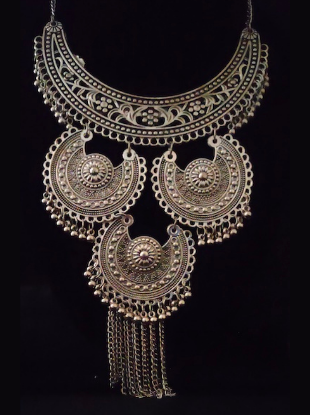 Oxidised Silver Long Chain Choker Style Necklace Set