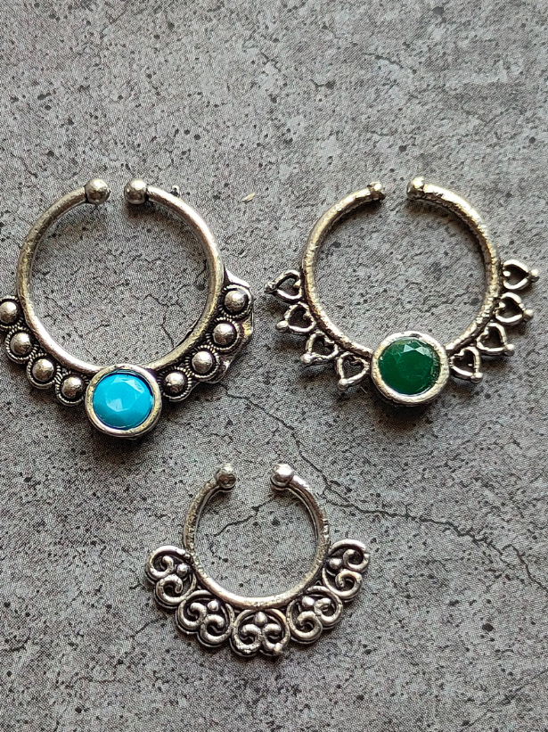 Three Oxidised Silver-Plated Stone Studded Septum Nosepins