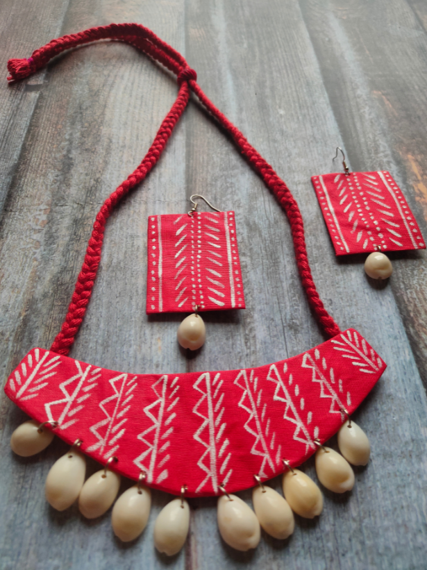Red Hand Painted Fabric Necklace Set with Shells