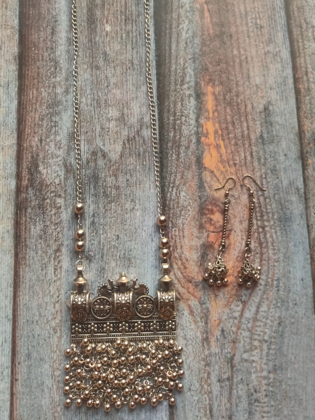 Long Chain Oxidised Silver Necklace Set with Dangler Earrings