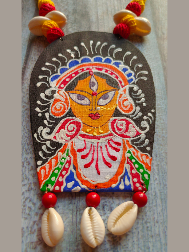 Hand Painted Durga Fabric Necklace Set with Shells