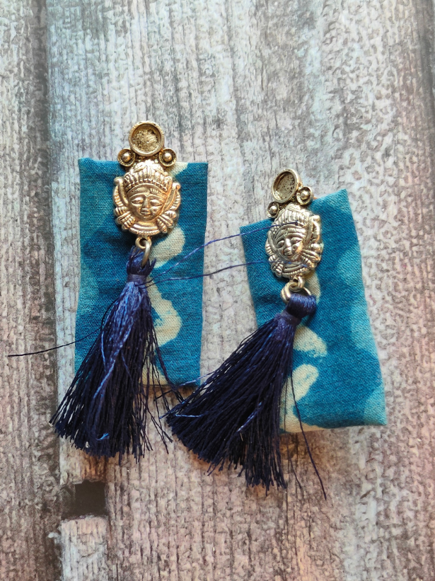Goddess Motif Metal and Fabric Long Dangler Earrings