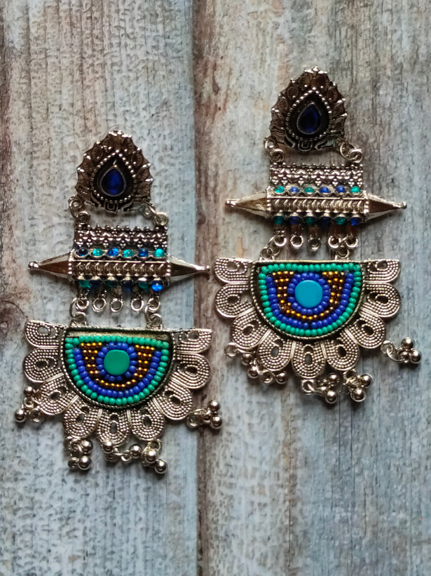 Long Beaded Afghani Earrings with Blue Stone