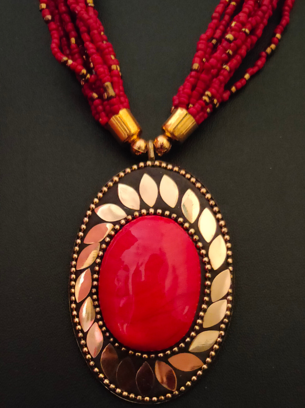 Multi Layer Beaded Necklace with Statement Tibetan Pendant