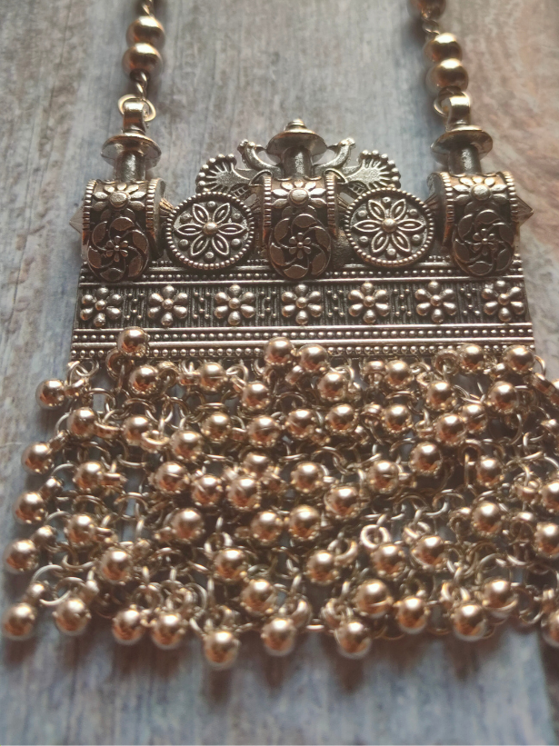 Long Chain Oxidised Silver Necklace Set with Dangler Earrings