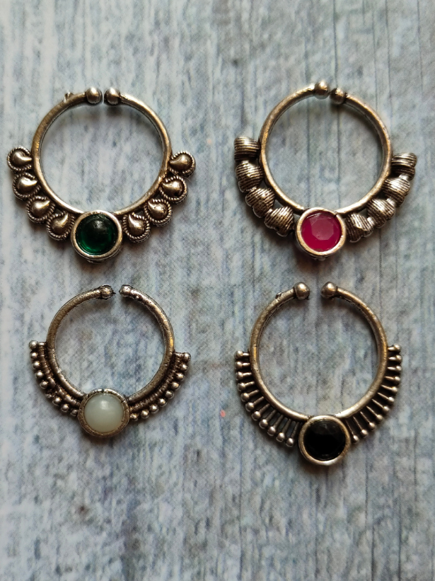 Four Stone Studded Oxidised Silver Septum Nosepins