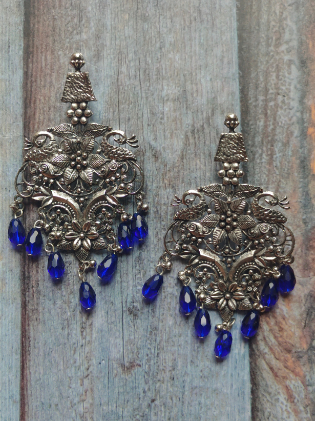 Flowers Motif Jali Pattern Statement Dangler Earrings with Blue Glass Beads