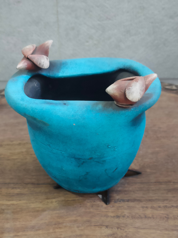 Sky Blue Birds Motif Handcrafted Modern Terracotta Clay Pot