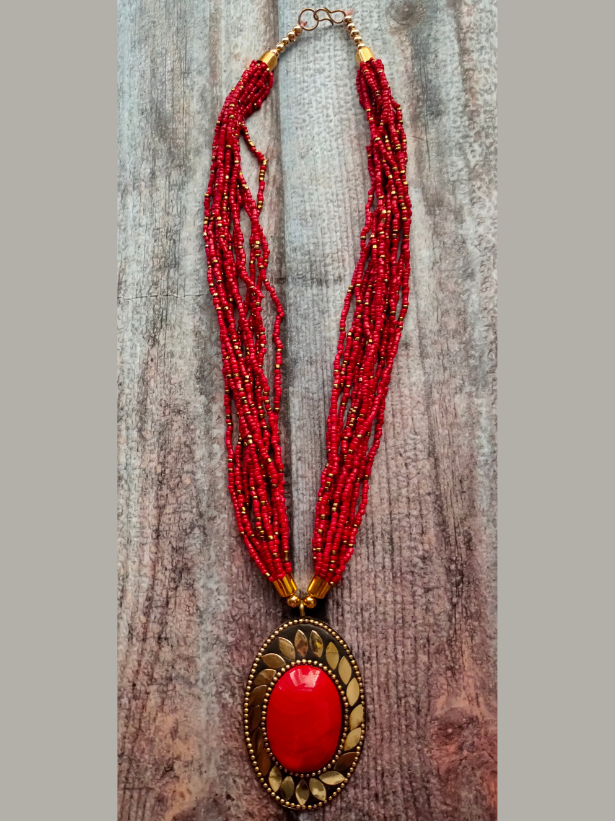 Multi Layer Beaded Necklace with Statement Tibetan Pendant