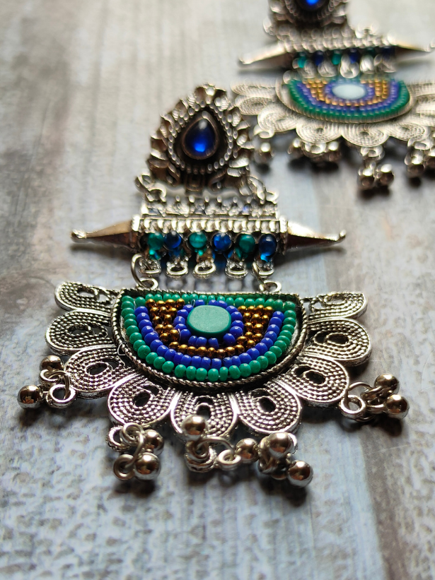 Long Beaded Afghani Earrings with Blue Stone