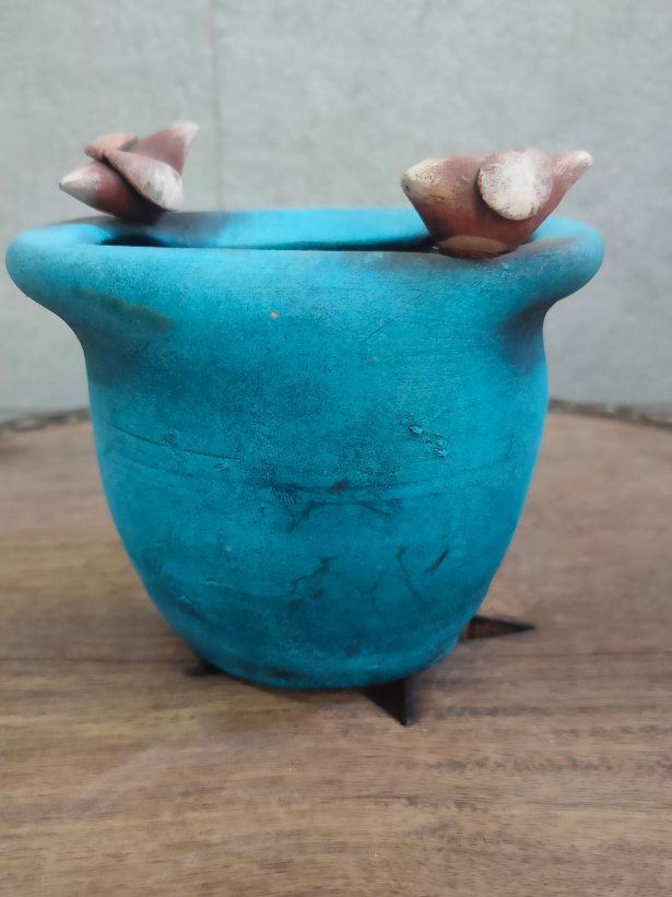 Sky Blue Birds Motif Handcrafted Modern Terracotta Clay Pot