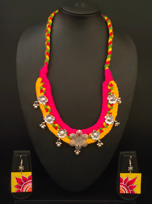 Yellow & Pink Braided Fabric Threads Necklace Set with Hand-Painted Earrings