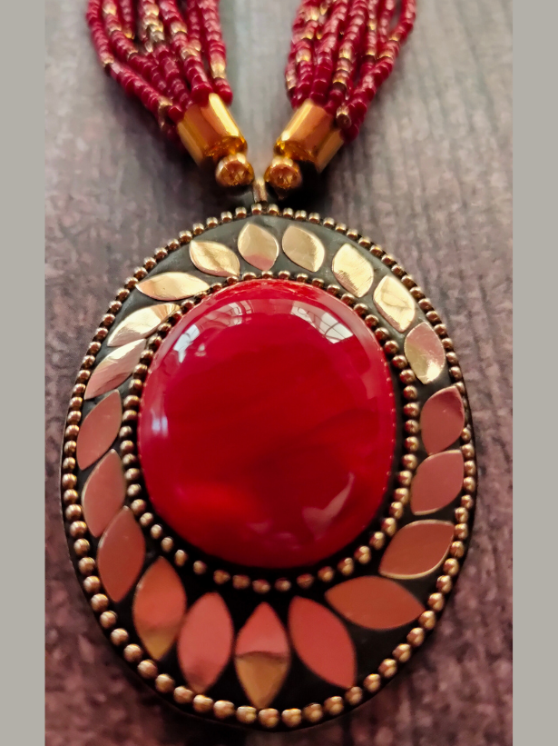 Multi Layer Beaded Necklace with Statement Tibetan Pendant