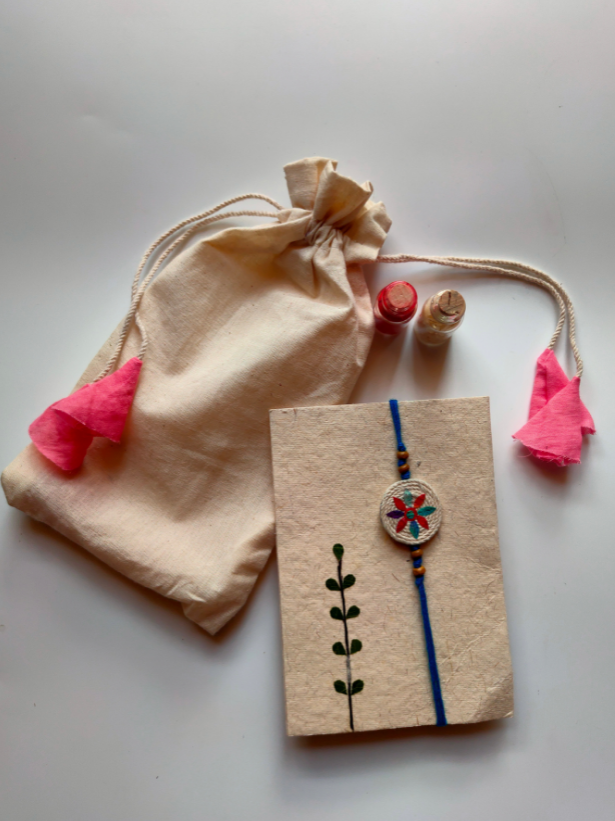 Eco-Friendly Handmade Jute & Thread Rakhi with Dried Leaves and Flower Petals (Comes with a Reusable Cloth Pouch and Recycled Paper Card)