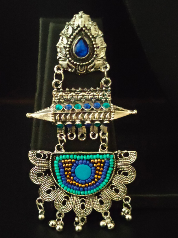 Long Beaded Afghani Earrings with Blue Stone