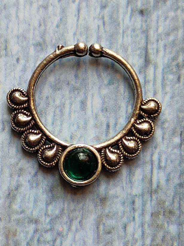 Four Stone Studded Oxidised Silver Septum Nosepins