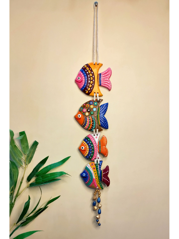 Handmade and Hand-Painted 4 Floral Fishes Terracotta Wall Hanging
