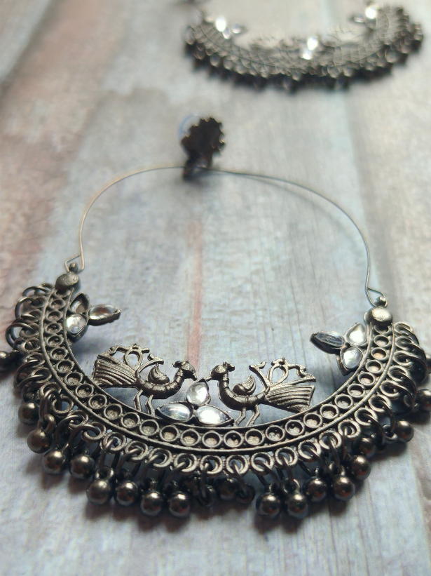 Peacock Detailing Chandbali with White Rhinestones