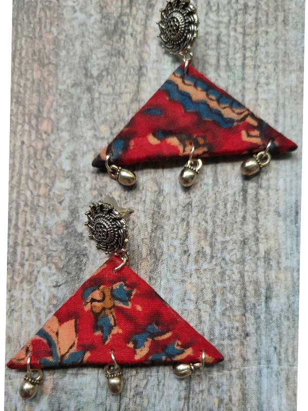 Kalamkari Fabric Earrings with Metal Charms